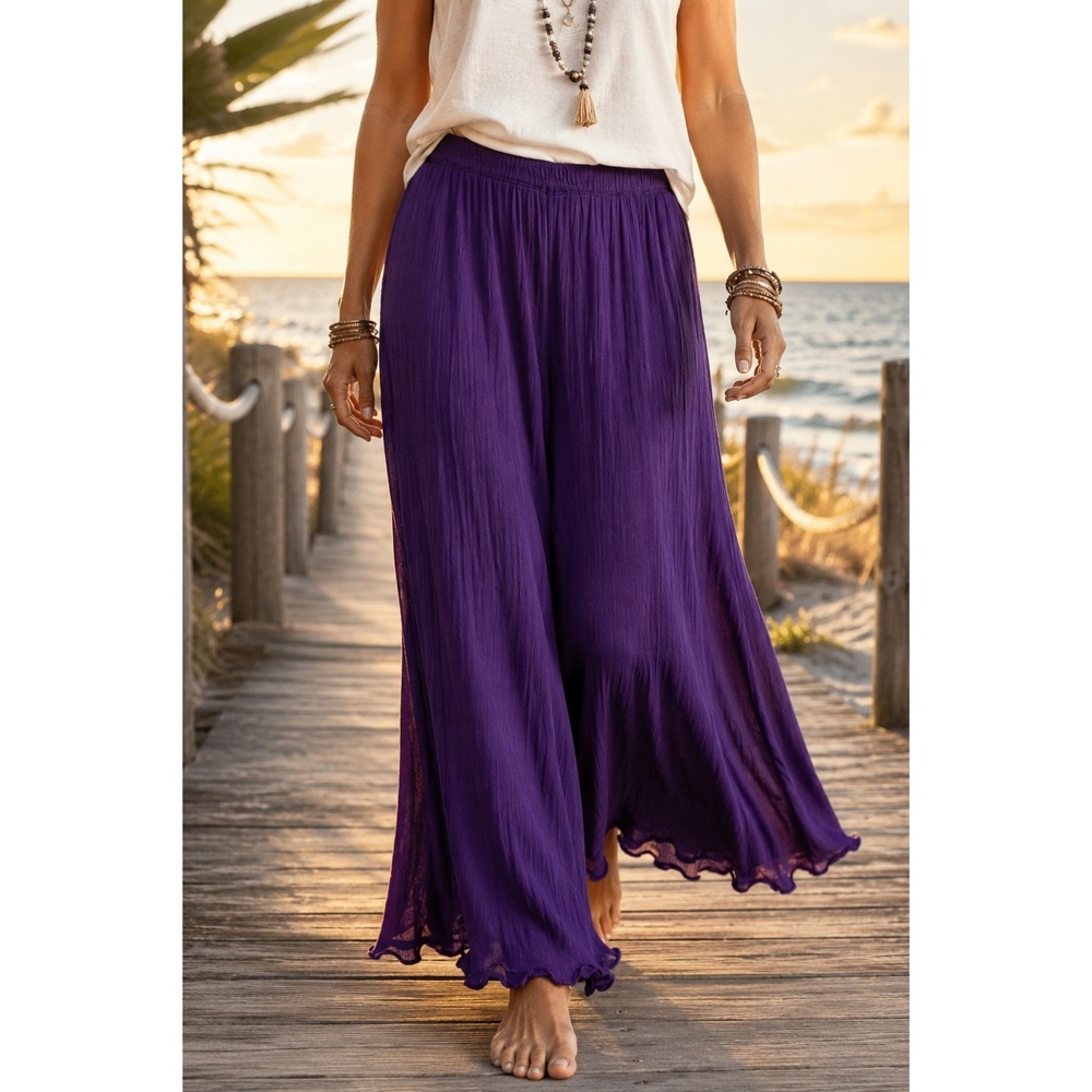 Coldwater Creek Womens Purple Crinkle Rayon Wide‎ Leg Pants XS Lettuce Hem Boho
